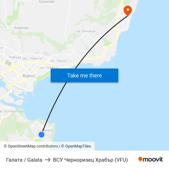 Галата / Galata to ВСУ Черноризец Храбър (VFU) map
