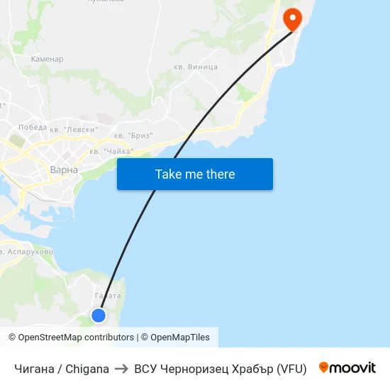 Чигана / Chigana to ВСУ Черноризец Храбър (VFU) map
