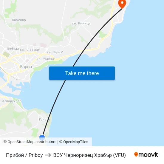 Прибой / Priboy to ВСУ Черноризец Храбър (VFU) map