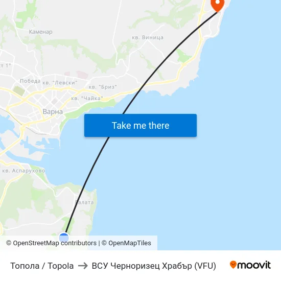 Топола / Topola to ВСУ Черноризец Храбър (VFU) map