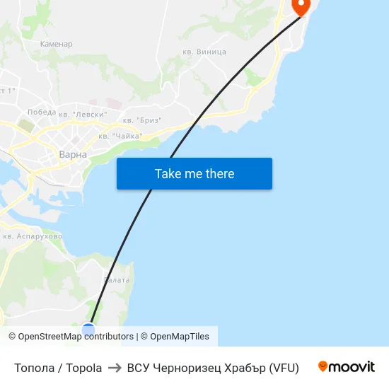 Топола / Topola to ВСУ Черноризец Храбър (VFU) map