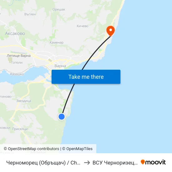 Черноморец (Обръщач) / Chernomorets (Turn Spot) to ВСУ Черноризец Храбър (VFU) map