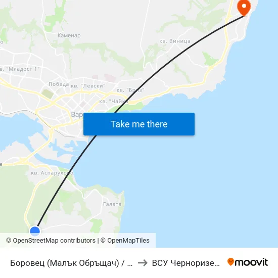 Боровец (Малък Обръщач) / Borovets (Small Tumbler) to ВСУ Черноризец Храбър (VFU) map