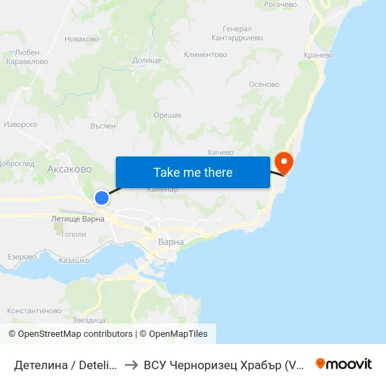 Детелина / Detelina to ВСУ Черноризец Храбър (VFU) map