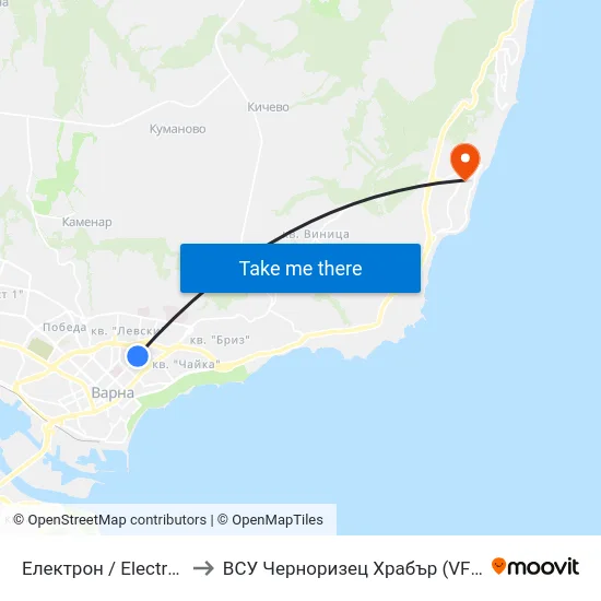 Електрон / Electron to ВСУ Черноризец Храбър (VFU) map
