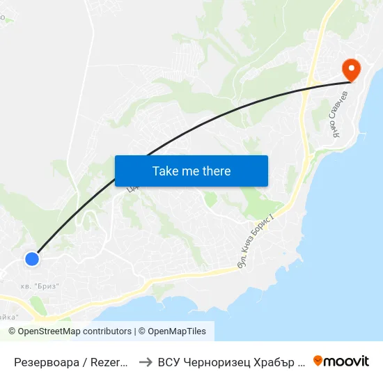 Резервоара / Rezervoara to ВСУ Черноризец Храбър (VFU) map