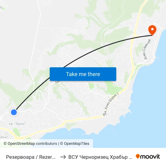 Резервоара / Rezervoara to ВСУ Черноризец Храбър (VFU) map