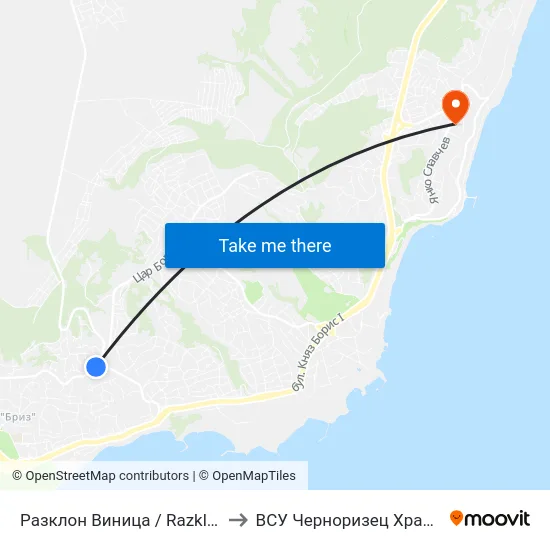 Разклон Виница / Razklon Vinitsa to ВСУ Черноризец Храбър (VFU) map