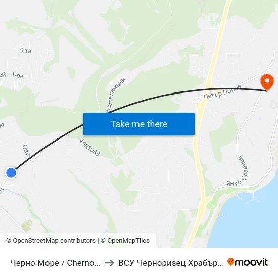 Черно Море / Cherno More to ВСУ Черноризец Храбър (VFU) map