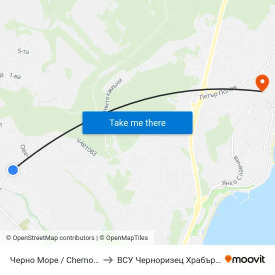 Черно Море / Cherno More to ВСУ Черноризец Храбър (VFU) map