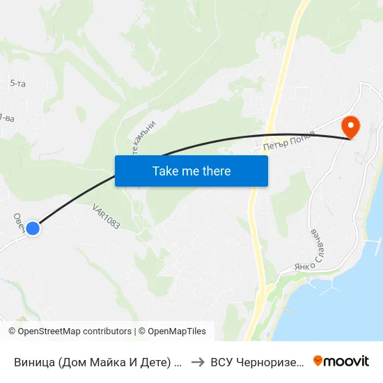 Виница (Дом Майка И Дете) / Vinitsa (Children's Home) to ВСУ Черноризец Храбър (VFU) map