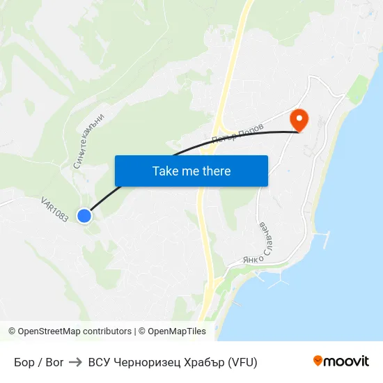 Бор / Bor to ВСУ Черноризец Храбър (VFU) map