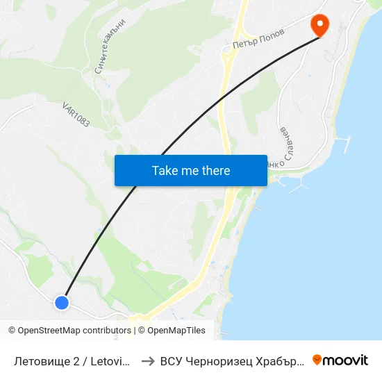 Летовище 2 / Letovishte 2 to ВСУ Черноризец Храбър (VFU) map