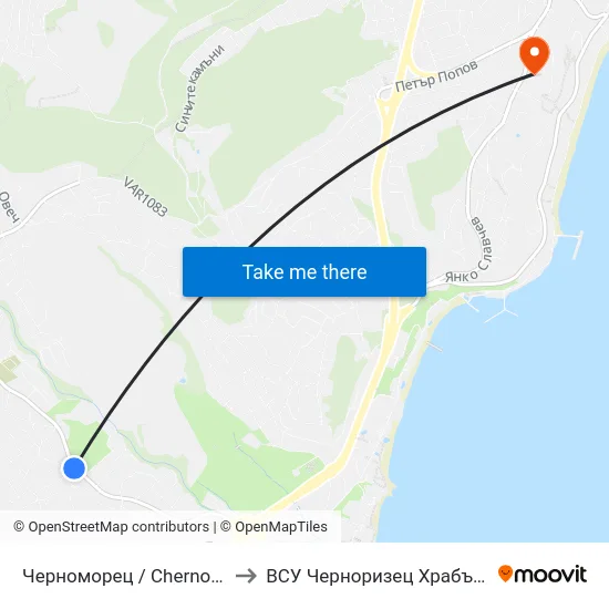Черноморец / Chernomoretz to ВСУ Черноризец Храбър (VFU) map