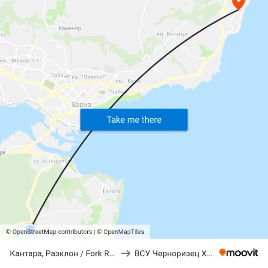 Кантара, Разклон / Fork Road For Kantara to ВСУ Черноризец Храбър (VFU) map