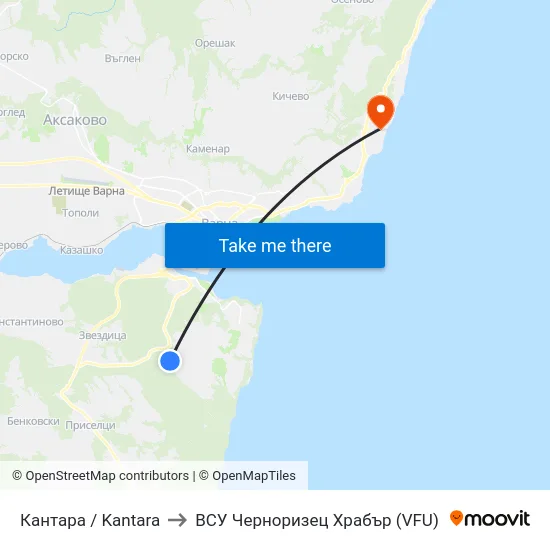 Кантара / Kantara to ВСУ Черноризец Храбър (VFU) map