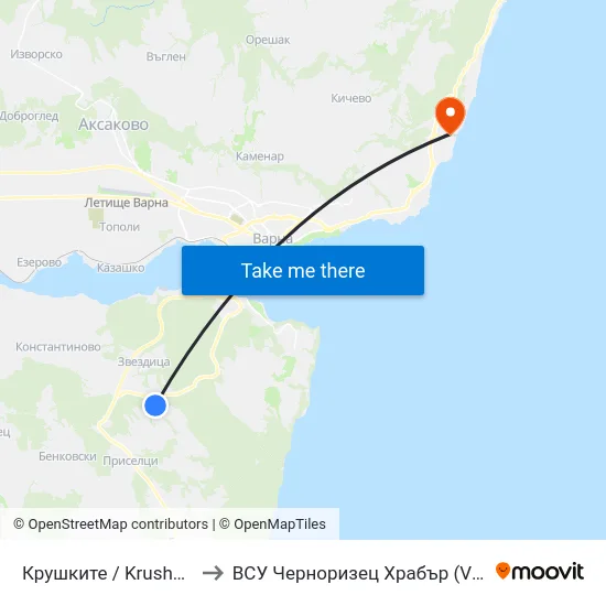 Крушките / Krushkite to ВСУ Черноризец Храбър (VFU) map
