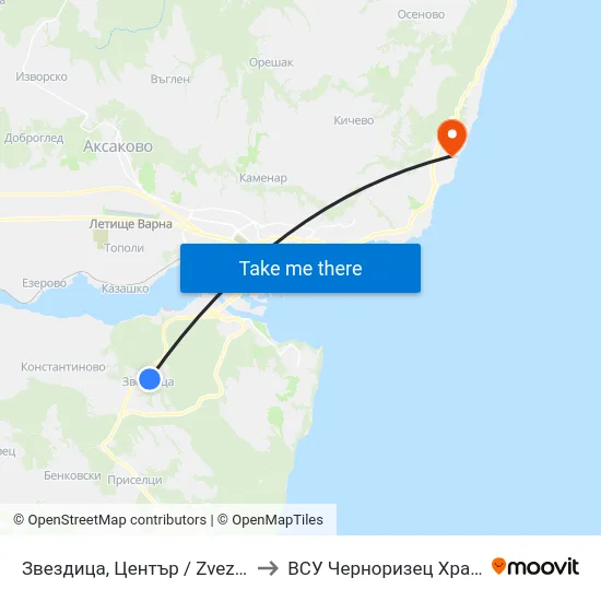 Звездица, Център / Zvezdica, Center to ВСУ Черноризец Храбър (VFU) map