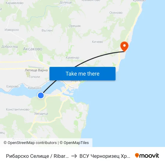 Рибарско Селище / Ribarsko Selishte to ВСУ Черноризец Храбър (VFU) map