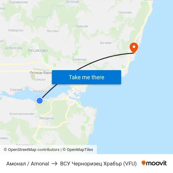 Амонал / Amonal to ВСУ Черноризец Храбър (VFU) map