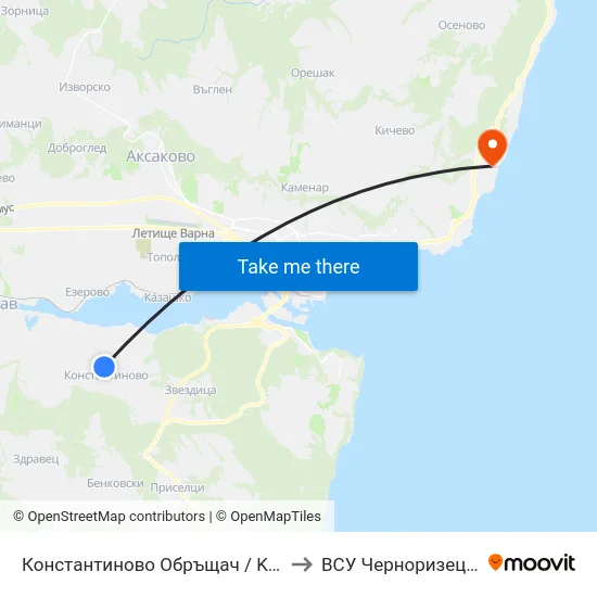 Константиново Обръщач / Konstantinovo Turn Spot to ВСУ Черноризец Храбър (VFU) map
