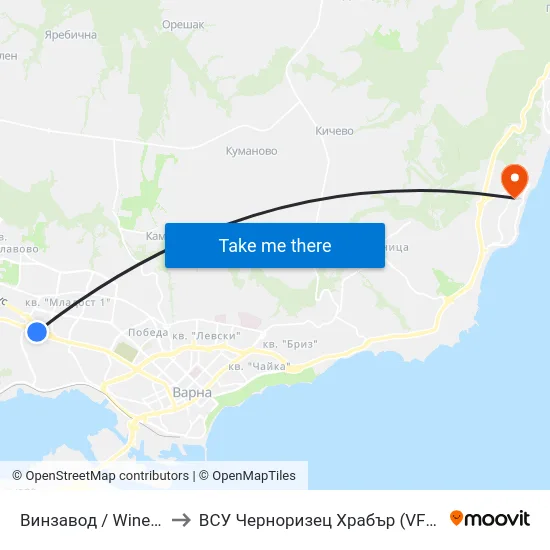 Винзавод / Winery to ВСУ Черноризец Храбър (VFU) map