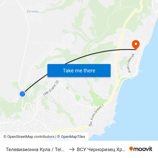 Телевизионна Кула / Television Tower to ВСУ Черноризец Храбър (VFU) map