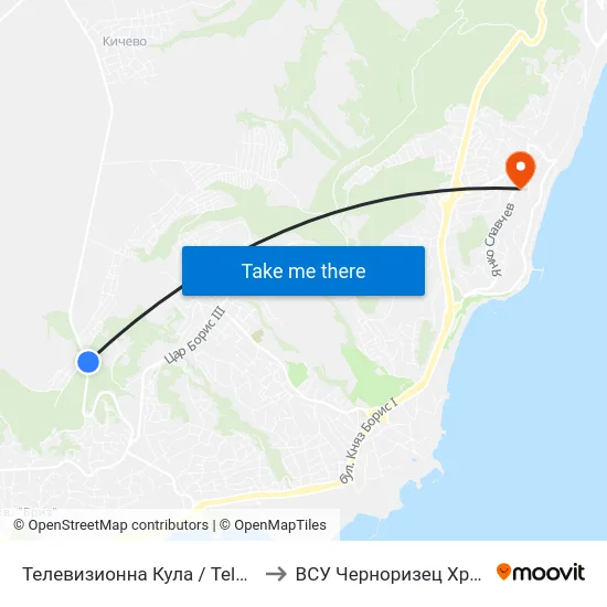 Телевизионна Кула / Television Tower to ВСУ Черноризец Храбър (VFU) map