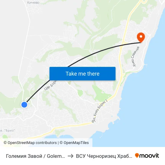 Големия Завой / Golemiya Zavoy to ВСУ Черноризец Храбър (VFU) map