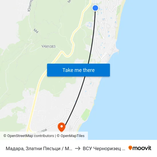 Мадара, Златни Пясъци / Madara, Golden Sands to ВСУ Черноризец Храбър (VFU) map