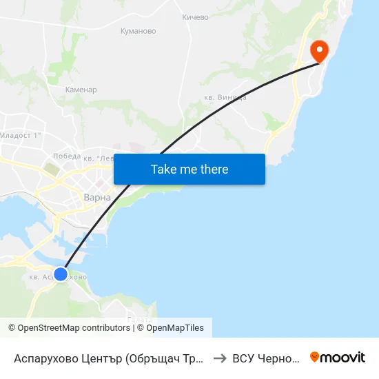 Аспарухово Център (Обръщач Тролеи) / Asparuhovo Centre (Turn Spot Trolleybuses) to ВСУ Черноризец Храбър (VFU) map