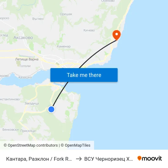 Кантара, Разклон / Fork Road For Kantara to ВСУ Черноризец Храбър (VFU) map