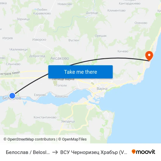 Белослав / Beloslav to ВСУ Черноризец Храбър (VFU) map