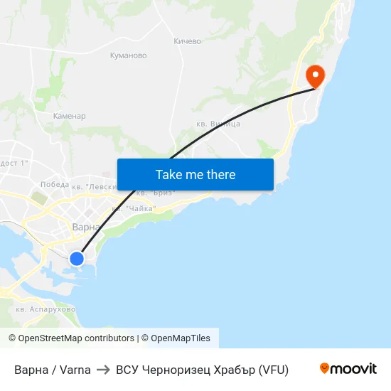 Варна / Varna to ВСУ Черноризец Храбър (VFU) map