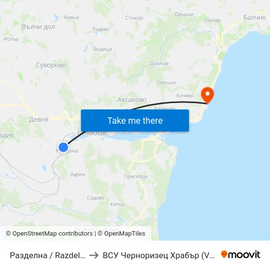 Разделна / Razdelna to ВСУ Черноризец Храбър (VFU) map