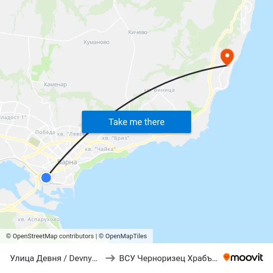 Улица Девня / Devnya Street to ВСУ Черноризец Храбър (VFU) map