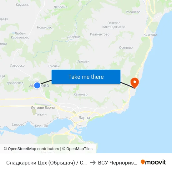 Сладкарски Цех (Обръщач) / Confectionery Factory (Turn Spot) to ВСУ Черноризец Храбър (VFU) map
