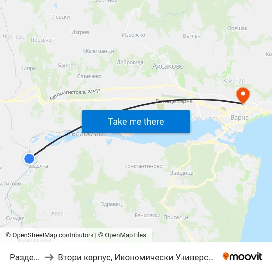 Разделна to Втори корпус, Икономически Университет - Варна map