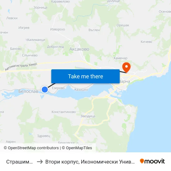 Страшимирово to Втори корпус, Икономически Университет - Варна map