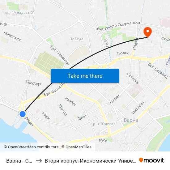 Варна - Спирка to Втори корпус, Икономически Университет - Варна map