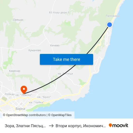 Зора, Златни Пясъци / Zora, Golden Sands to Втори корпус, Икономически Университет - Варна map