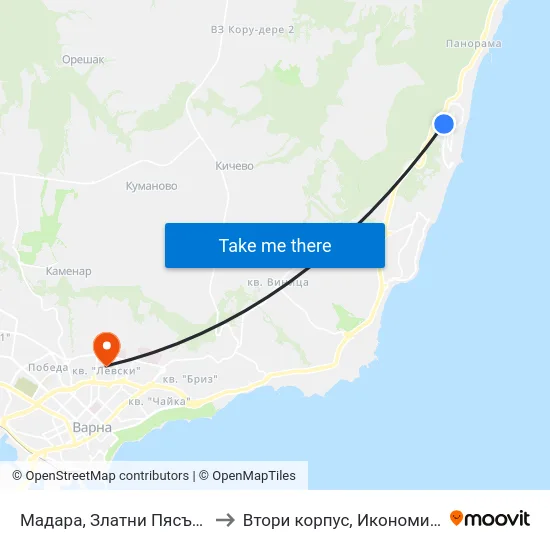 Мадара, Златни Пясъци / Madara, Golden Sands to Втори корпус, Икономически Университет - Варна map