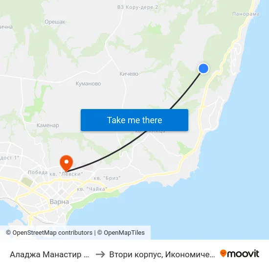 Аладжа Манастир / Aladzha Monastery to Втори корпус, Икономически Университет - Варна map