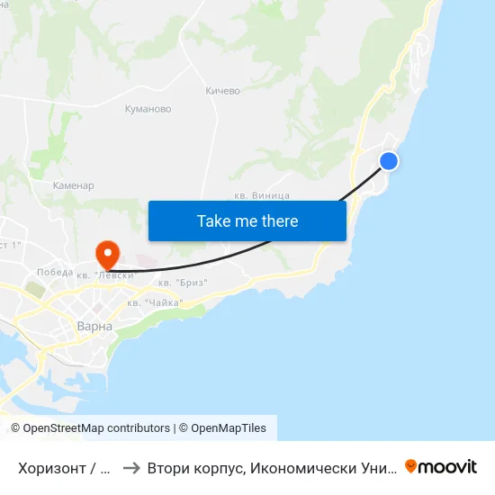 Хоризонт / Horizont to Втори корпус, Икономически Университет - Варна map