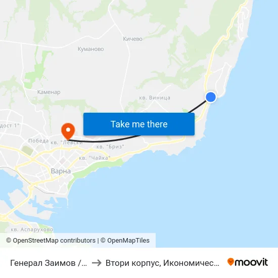 Генерал Заимов / General Zaimov to Втори корпус, Икономически Университет - Варна map