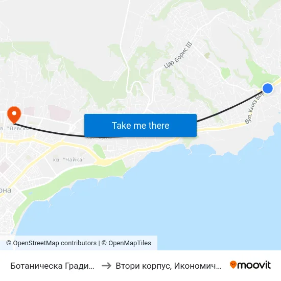 Ботаническа Градина / Botanical Garden to Втори корпус, Икономически Университет - Варна map