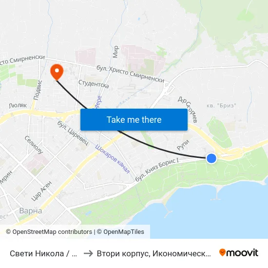 Свети Никола / Saint Nicholas to Втори корпус, Икономически Университет - Варна map