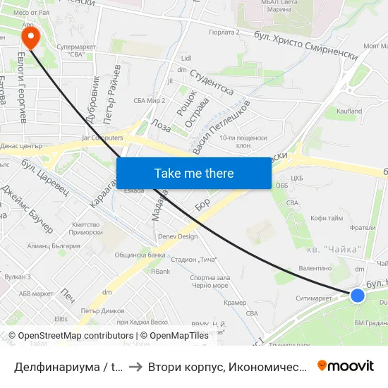 Делфинариума / the Dolphinarium to Втори корпус, Икономически Университет - Варна map