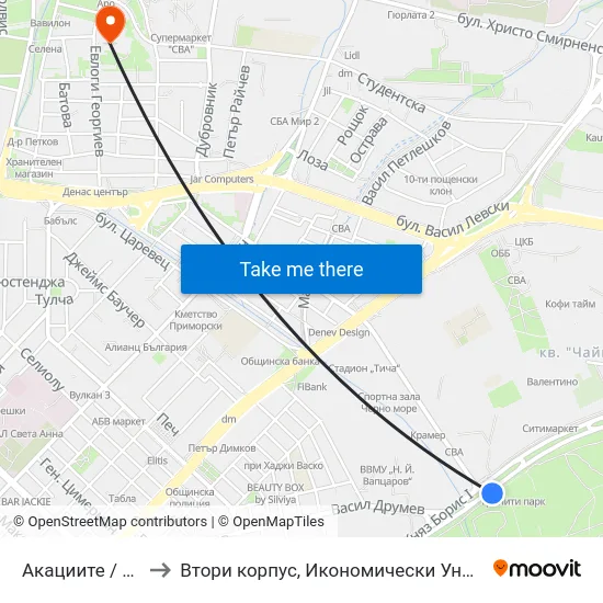 Акациите / Akatsiite to Втори корпус, Икономически Университет - Варна map