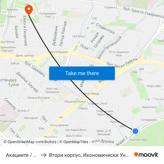 Акациите / Akatsiite to Втори корпус, Икономически Университет - Варна map